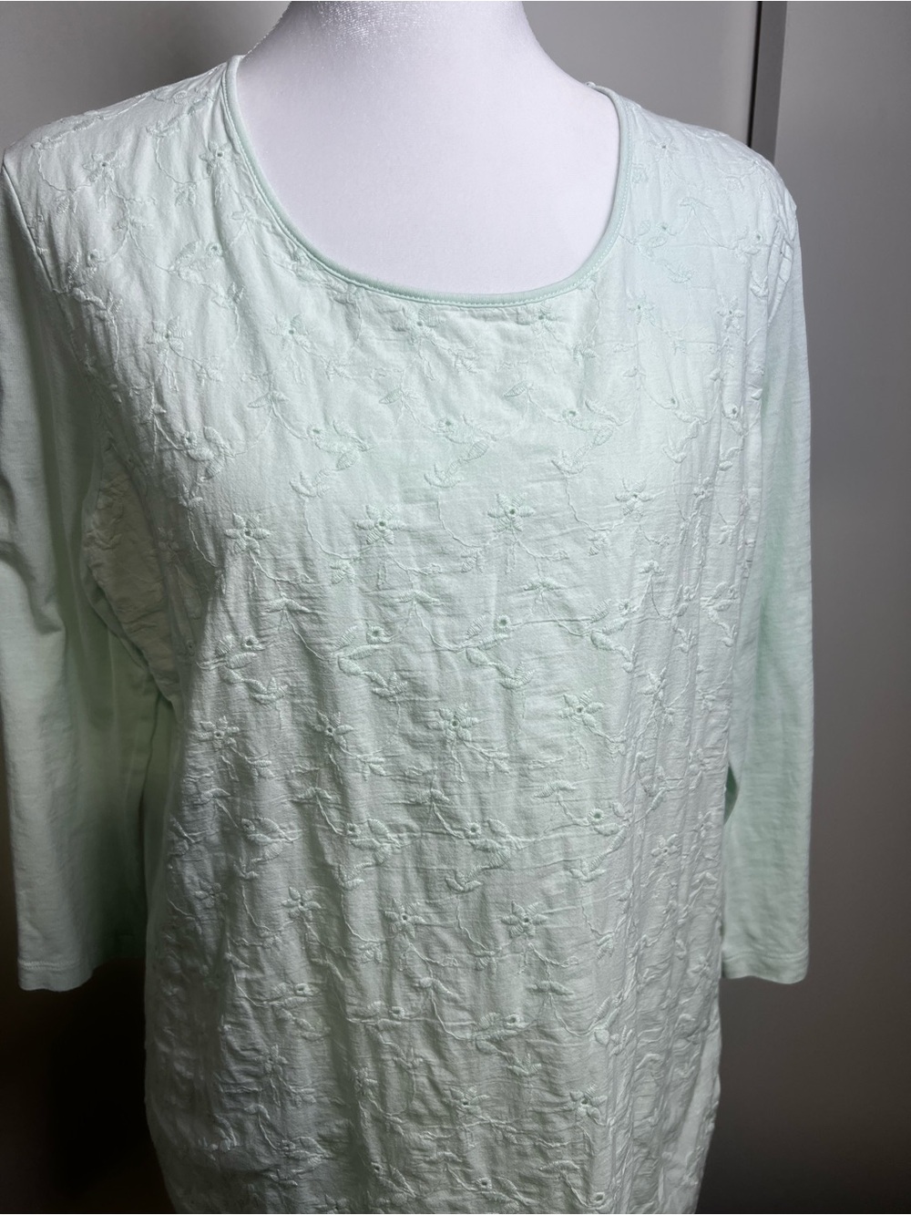 WinterSilks Mint Green Embroidered Scoop Neck Long Sleeve Top